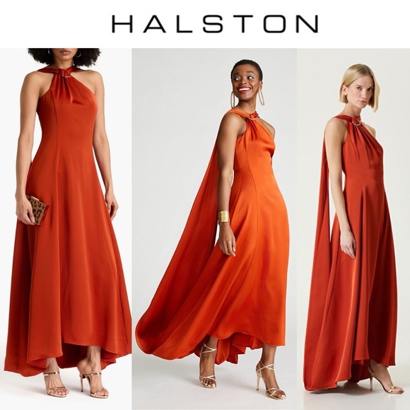 Halston Heritage Genevieve Orange Maxi Satin Evening Dress Sz 2 595$